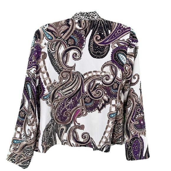 Chicos 0 Purple Brown Paisley Open Front Jacket Blazer Leopard Trim Womens 4/S - Picture 2 of 5